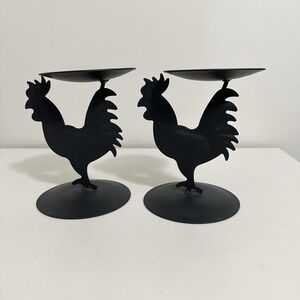 ROOSTER METAL CANDLE HOLDER PAIR 5"‎ x 3" Black Farmhouse Rustic